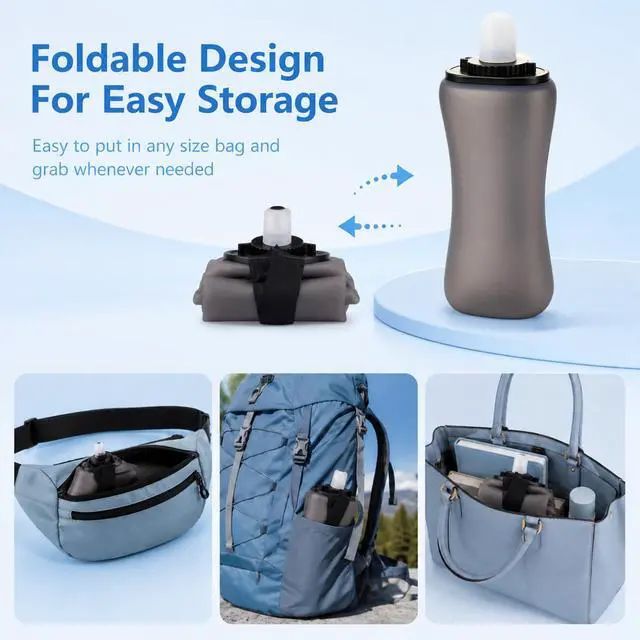 Alt view image 4 of 7 - Running Water Bottle 350ml, Collapsible Silicone Water Bottle with Strap, Leak-Proof, for Running, Hiking, Cycling, Travel (Black)