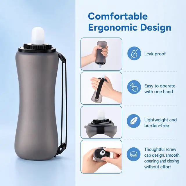 Alt view image 5 of 7 - Running Water Bottle 350ml, Collapsible Silicone Water Bottle with Strap, Leak-Proof, for Running, Hiking, Cycling, Travel (Black)