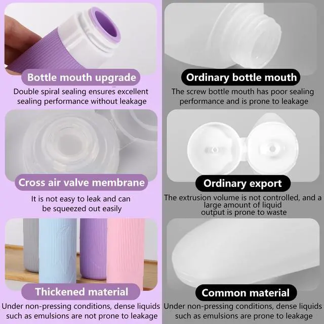 Alt view image 5 of 7 - Travel Toiletry Bottles - 3oz Leakproof Silicone Containers, Refillable Travel Accessories for Shampoo, Conditioner, Lotion, 4 Colors