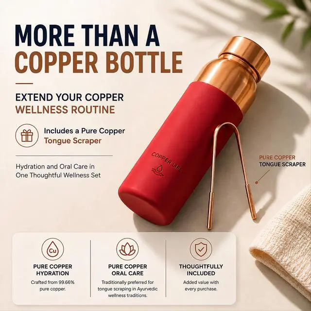 Alt view image 3 of 5 - Pure Copper Water Bottle | Handcrafted, Leak-Proof, Eco-Friendly, Health-Boosting Bottle with Silicon Grip | Stylish, Reusable, Perfect for Hydration & Wellness | 34 Ounces (Red Silicon Grip)