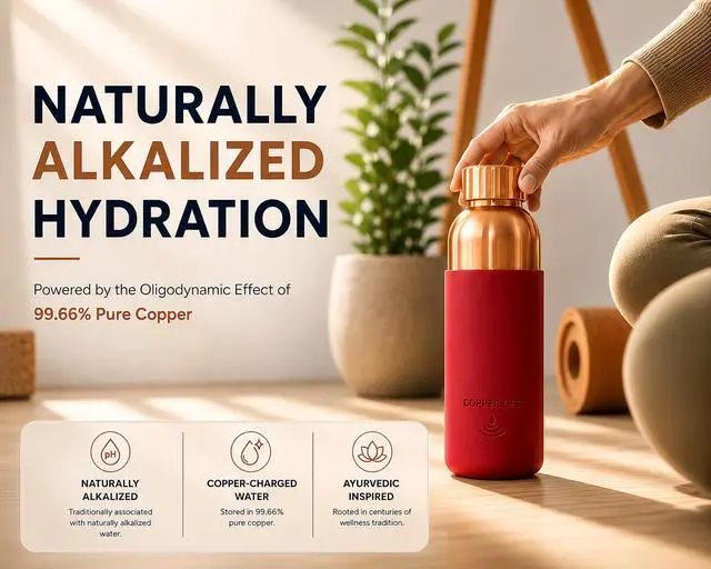 Alt view image 4 of 5 - Pure Copper Water Bottle | Handcrafted, Leak-Proof, Eco-Friendly, Health-Boosting Bottle with Silicon Grip | Stylish, Reusable, Perfect for Hydration & Wellness | 34 Ounces (Red Silicon Grip)