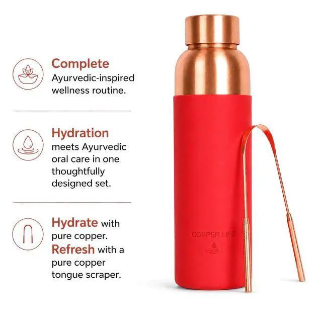 Alt view image 5 of 5 - Pure Copper Water Bottle | Handcrafted, Leak-Proof, Eco-Friendly, Health-Boosting Bottle with Silicon Grip | Stylish, Reusable, Perfect for Hydration & Wellness | 34 Ounces (Red Silicon Grip)