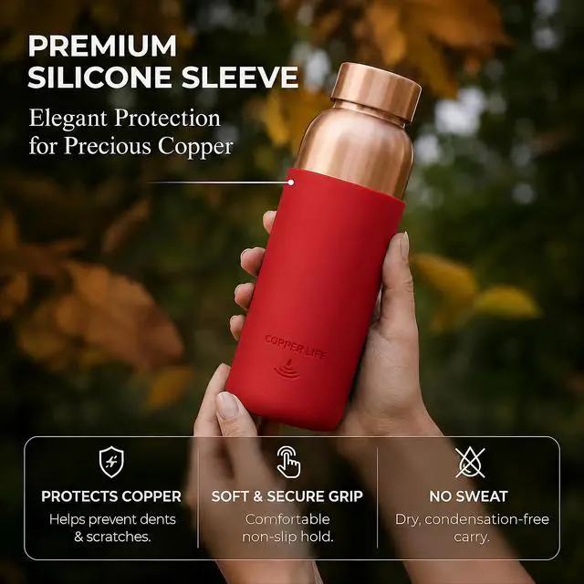Alt view image 2 of 5 - Pure Copper Water Bottle | Handcrafted, Leak-Proof, Eco-Friendly, Health-Boosting Bottle with Silicon Grip | Stylish, Reusable, Perfect for Hydration & Wellness | 34 Ounces (Red Silicon Grip)