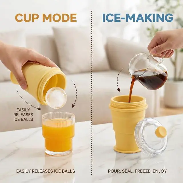 Alt view image 5 of 6 - Portable Collapsible Silicone Cup with Ice Ball Maker, Foldable Drinking Cup, BPA-Free, Leakproof, for Whiskey, Cocktails, Coffee(Yellow)