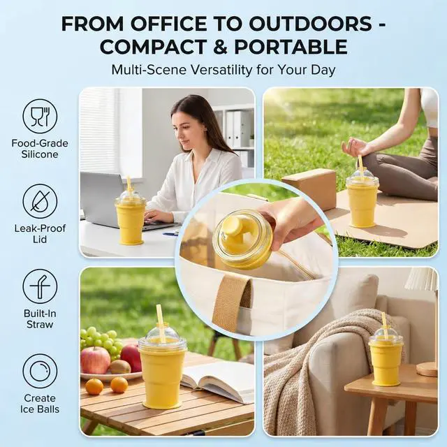 Alt view image 6 of 6 - Portable Collapsible Silicone Cup with Ice Ball Maker, Foldable Drinking Cup, BPA-Free, Leakproof, for Whiskey, Cocktails, Coffee(Yellow)