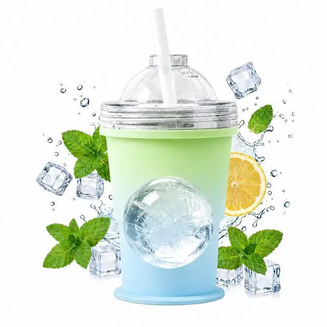 Main image of Collapsible Silicone Ice Ball Maker Cup 325ml Portable Ice Sphere Mold with Straw & Leakproof Lid, Reusable Travel Tumbler for Whiskey, Coffee, Juice (Blue-green gradient)