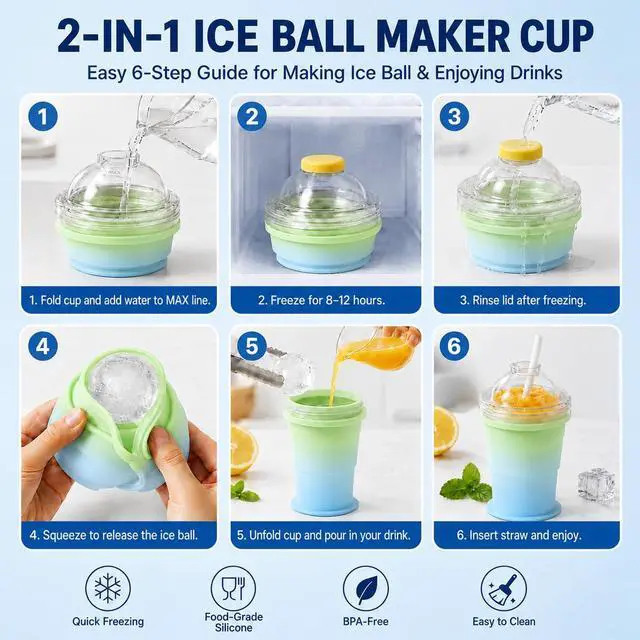 Alt view image 4 of 7 - Collapsible Silicone Ice Ball Maker Cup 325ml Portable Ice Sphere Mold with Straw & Leakproof Lid, Reusable Travel Tumbler for Whiskey, Coffee, Juice (Blue-green gradient)