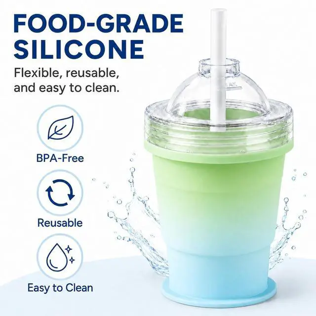 Alt view image 5 of 7 - Collapsible Silicone Ice Ball Maker Cup 325ml Portable Ice Sphere Mold with Straw & Leakproof Lid, Reusable Travel Tumbler for Whiskey, Coffee, Juice (Blue-green gradient)