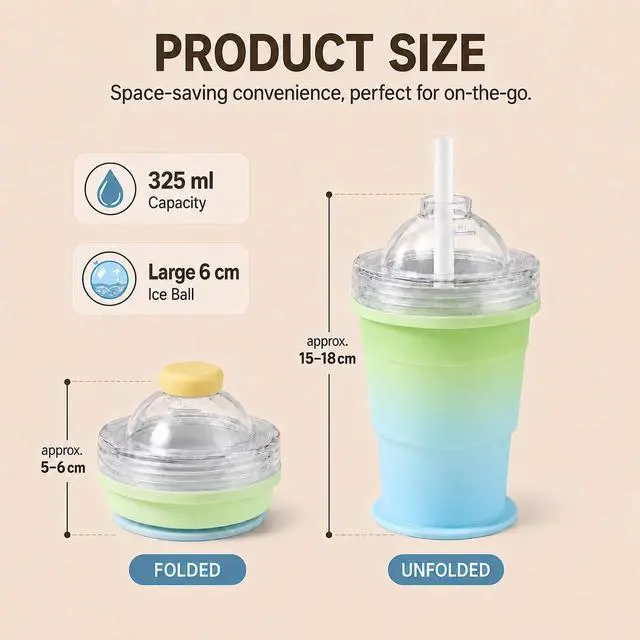 Alt view image 6 of 7 - Collapsible Silicone Ice Ball Maker Cup 325ml Portable Ice Sphere Mold with Straw & Leakproof Lid, Reusable Travel Tumbler for Whiskey, Coffee, Juice (Blue-green gradient)