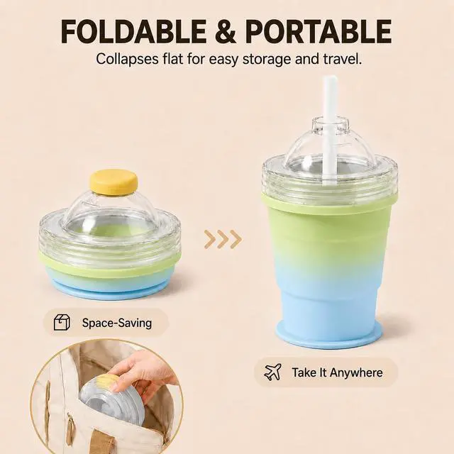 Alt view image 7 of 7 - Collapsible Silicone Ice Ball Maker Cup 325ml Portable Ice Sphere Mold with Straw & Leakproof Lid, Reusable Travel Tumbler for Whiskey, Coffee, Juice (Blue-green gradient)