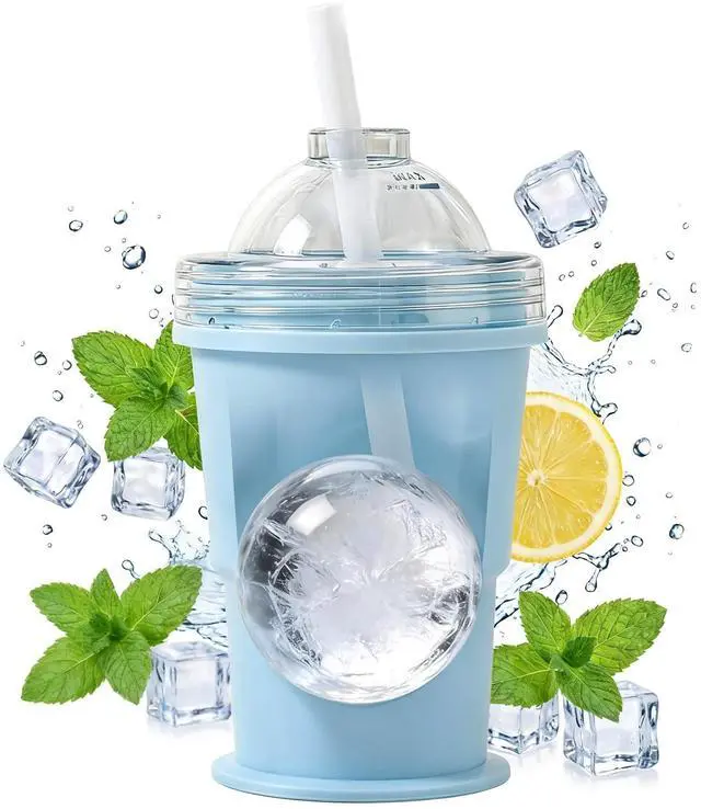 Main image of Collapsible Silicone Ice Ball Maker Cup 325ml Portable Ice Sphere Mold with Straw & Leakproof Lid, Reusable Travel Tumbler for Whiskey, Coffee, Juice (Blue)