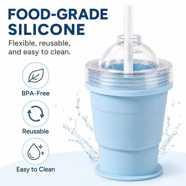 Alt view image 3 of 6 - Collapsible Silicone Ice Ball Maker Cup 325ml Portable Ice Sphere Mold with Straw & Leakproof Lid, Reusable Travel Tumbler for Whiskey, Coffee, Juice (Blue)