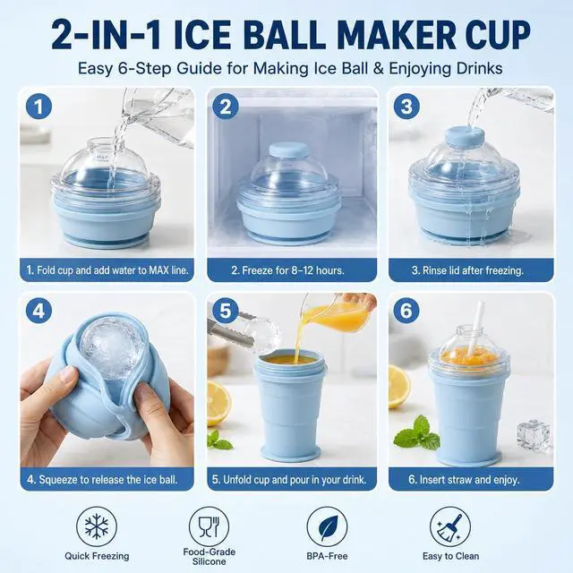 Alt view image 5 of 6 - Collapsible Silicone Ice Ball Maker Cup 325ml Portable Ice Sphere Mold with Straw & Leakproof Lid, Reusable Travel Tumbler for Whiskey, Coffee, Juice (Blue)
