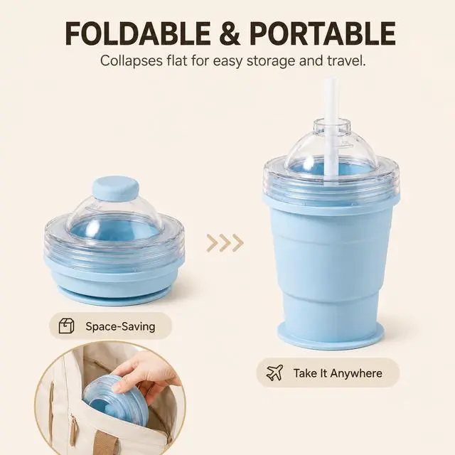Alt view image 6 of 6 - Collapsible Silicone Ice Ball Maker Cup 325ml Portable Ice Sphere Mold with Straw & Leakproof Lid, Reusable Travel Tumbler for Whiskey, Coffee, Juice (Blue)