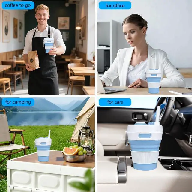 Alt view image 2 of 7 - Collapsible Silicone Travel Mug, Leak-Proof Reusable Water Bottle with Straw for Hot & Cold Beverages, Portable Foldable Cup for Travel Office Home, Dishwasher Safe-Straw Included