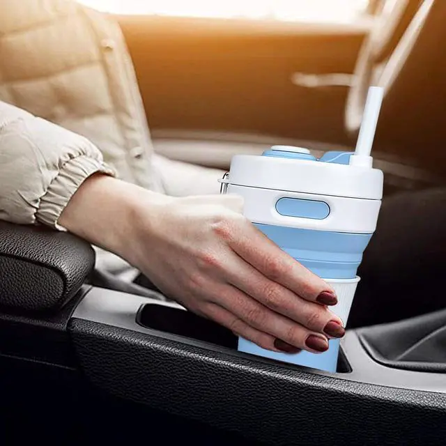 Alt view image 3 of 7 - Collapsible Silicone Travel Mug, Leak-Proof Reusable Water Bottle with Straw for Hot & Cold Beverages, Portable Foldable Cup for Travel Office Home, Dishwasher Safe-Straw Included