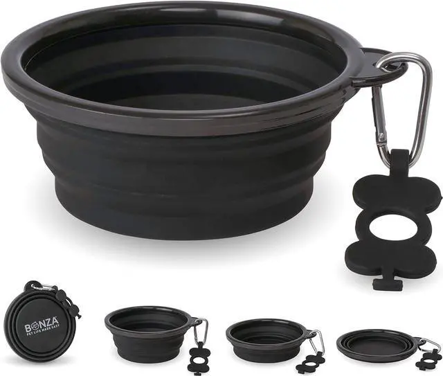 Main image of Collapsible Dog Bowls - Small 12 oz, Dog Travel Accessories, Silicone Portable Dogs Bowl & Water Dish with Reinforced Rim & Carabiner for Hiking, Camping, and Car Trips, Black