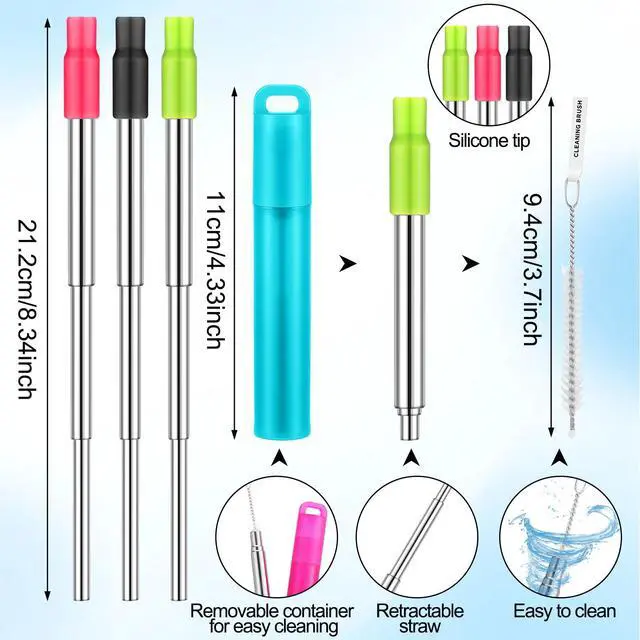 Alt view image 2 of 7 - Metal Reusable Straw Travel with Case Collapsible Foldable Portable Retractable Drinking Straw Stainless Steel Silicone Tip and Cleaning Brush Long for Cruise Ship Gift