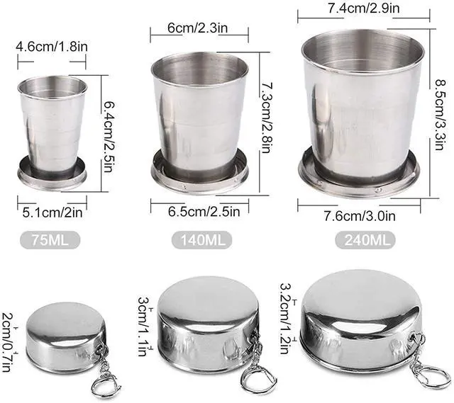Alt view image 2 of 7 - Stainless Steel Collapsible Cups for Traveling with Keychains