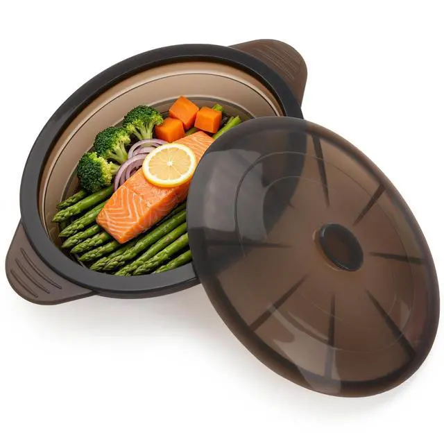 Main image of Microwave Steamer Cooker Collapsible Bowl Silicone Baked Potato Cookware with Handle Lid for Vegetables Fish Prep Meal Food with Removable Rack BPA Free Easy to Store Freezer Dishwasher Safe Black