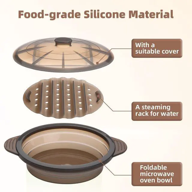 Alt view image 4 of 7 - Microwave Steamer Cooker Collapsible Bowl Silicone Baked Potato Cookware with Handle Lid for Vegetables Fish Prep Meal Food with Removable Rack BPA Free Easy to Store Freezer Dishwasher Safe Black