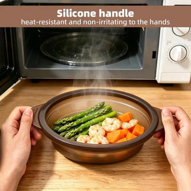 Alt view image 3 of 7 - Microwave Steamer Cooker Collapsible Bowl Silicone Baked Potato Cookware with Handle Lid for Vegetables Fish Prep Meal Food with Removable Rack BPA Free Easy to Store Freezer Dishwasher Safe Black