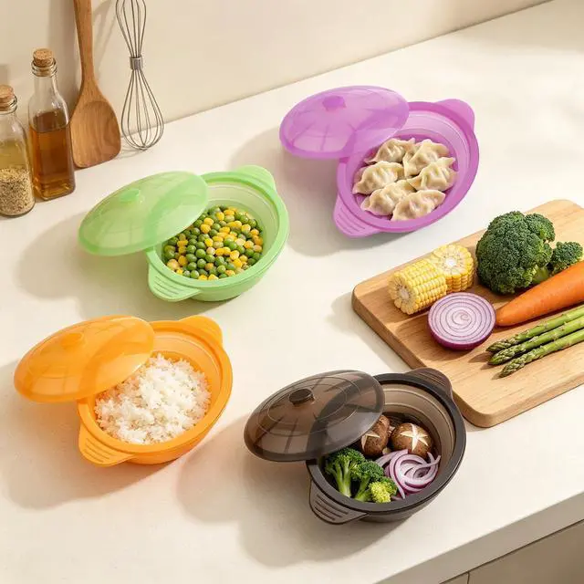 Alt view image 6 of 7 - Microwave Steamer Cooker Collapsible Bowl Silicone Baked Potato Cookware with Handle Lid for Vegetables Fish Prep Meal Food with Removable Rack BPA Free Easy to Store Freezer Dishwasher Safe Black