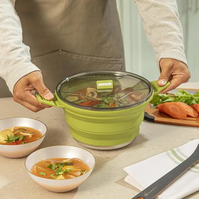 Alt view image 6 of 7 - Liter Collapsible Camping Pot, 1 Portable Cook Pot - With Lid, Stainless Steel Bottom, Silicone Camping Cookware, For Travel Or Outdoor Hiking- Restaurantware