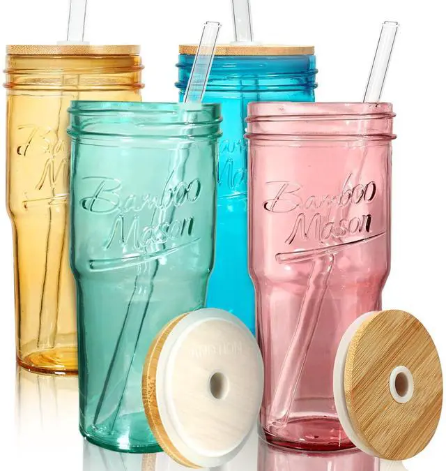 Main image of Colored Glass Cups with Lids and Straws - 24oz Travel Coffee Mug Wide Mouth Mason Jar Iced Coffee Cup Smoothie Cup Glass Tumbler Tea Cup Clear Cute Water Cups Colorful Drinking Glasses
