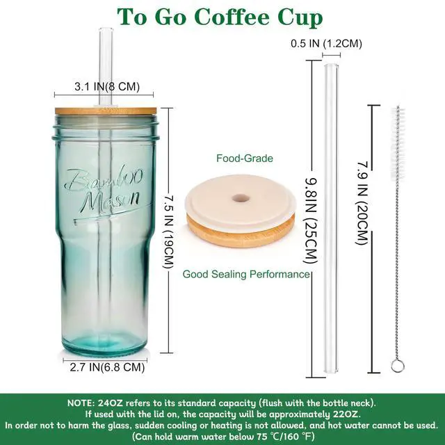 Alt view image 2 of 7 - Colored Glass Cups with Lids and Straws - 24oz Travel Coffee Mug Wide Mouth Mason Jar Iced Coffee Cup Smoothie Cup Glass Tumbler Tea Cup Clear Cute Water Cups Colorful Drinking Glasses