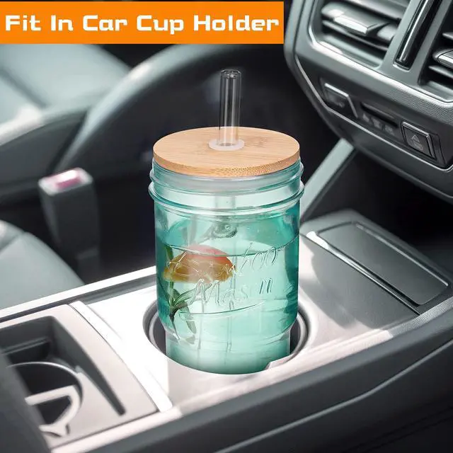Alt view image 3 of 7 - Colored Glass Cups with Lids and Straws - 24oz Travel Coffee Mug Wide Mouth Mason Jar Iced Coffee Cup Smoothie Cup Glass Tumbler Tea Cup Clear Cute Water Cups Colorful Drinking Glasses