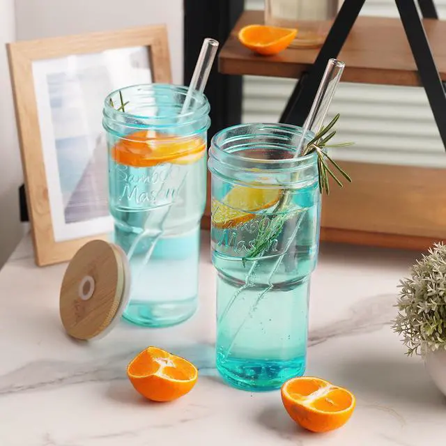Alt view image 6 of 7 - Colored Glass Cups with Lids and Straws - 24oz Travel Coffee Mug Wide Mouth Mason Jar Iced Coffee Cup Smoothie Cup Glass Tumbler Tea Cup Clear Cute Water Cups Colorful Drinking Glasses