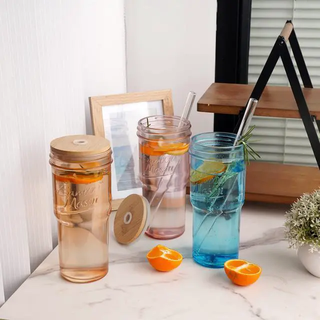 Alt view image 5 of 7 - Colored Glass Cups with Lids and Straws - 24oz Travel Coffee Mug Wide Mouth Mason Jar Iced Coffee Cup Smoothie Cup Glass Tumbler Tea Cup Clear Cute Water Cups Colorful Drinking Glasses