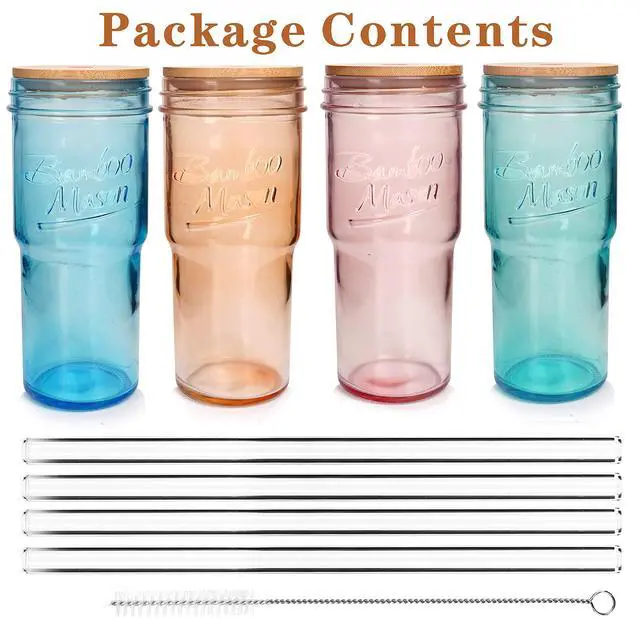 Alt view image 7 of 7 - Colored Glass Cups with Lids and Straws - 24oz Travel Coffee Mug Wide Mouth Mason Jar Iced Coffee Cup Smoothie Cup Glass Tumbler Tea Cup Clear Cute Water Cups Colorful Drinking Glasses
