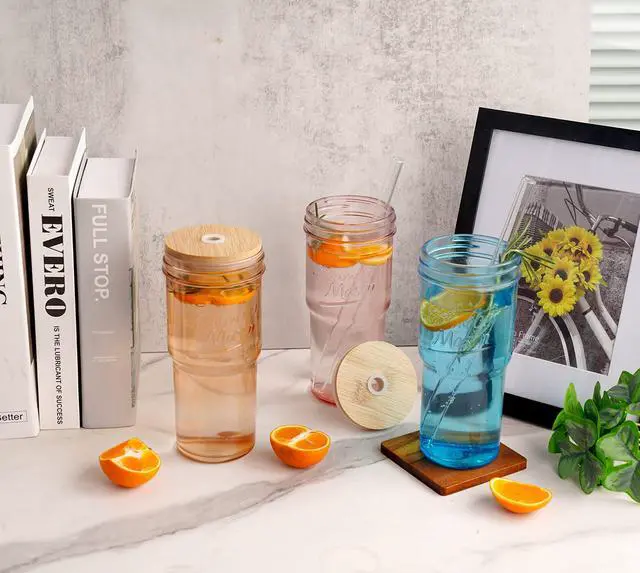 Alt view image 4 of 7 - Colored Glass Cups with Lids and Straws - 24oz Travel Coffee Mug Wide Mouth Mason Jar Iced Coffee Cup Smoothie Cup Glass Tumbler Tea Cup Clear Cute Water Cups Colorful Drinking Glasses