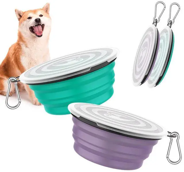 Main image of Collapsible Travel Dog Bowls 2 Pack with Lids&Carabiners Silicone