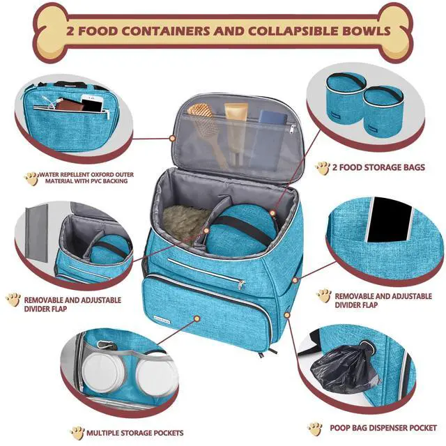 Alt view image 2 of 7 - Dog Travel Bag Backpack, Airline Approved Pet Supplies Backpack, Dog Travel Backpack with 2 Silicone Collapsible Bowls and 2 Food Baskets Sky Blue