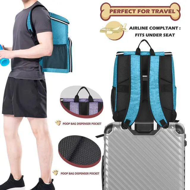 Alt view image 5 of 7 - Dog Travel Bag Backpack, Airline Approved Pet Supplies Backpack, Dog Travel Backpack with 2 Silicone Collapsible Bowls and 2 Food Baskets Sky Blue