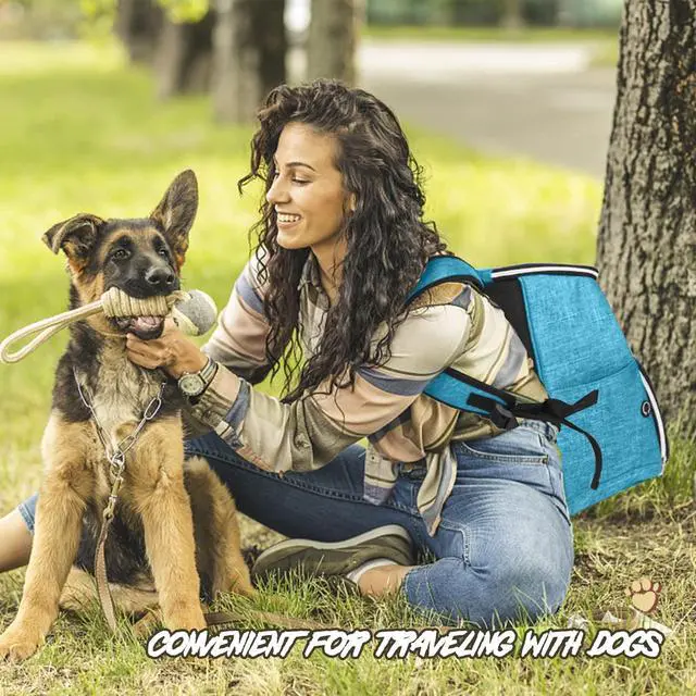 Alt view image 7 of 7 - Dog Travel Bag Backpack, Airline Approved Pet Supplies Backpack, Dog Travel Backpack with 2 Silicone Collapsible Bowls and 2 Food Baskets Sky Blue