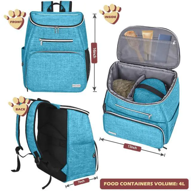 Alt view image 3 of 7 - Dog Travel Bag Backpack, Airline Approved Pet Supplies Backpack, Dog Travel Backpack with 2 Silicone Collapsible Bowls and 2 Food Baskets Sky Blue