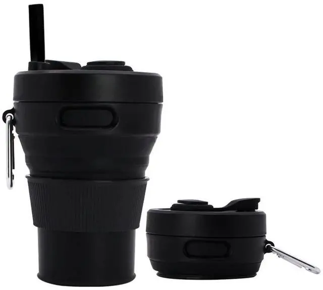 Main image of Silicone Coffee Mug Collapsible Cups for Camping Folding Travel with Straw Reusable Portable Drinking Cups Outdoor Hiking 450ml (Black-450ml, 1)