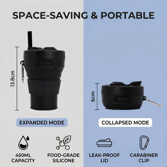 Alt view image 3 of 7 - Silicone Coffee Mug Collapsible Cups for Camping Folding Travel with Straw Reusable Portable Drinking Cups Outdoor Hiking 450ml (Black-450ml, 1)