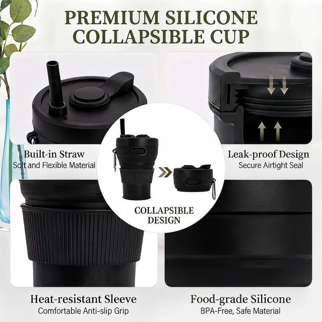 Alt view image 5 of 7 - Silicone Coffee Mug Collapsible Cups for Camping Folding Travel with Straw Reusable Portable Drinking Cups Outdoor Hiking 450ml (Black-450ml, 1)