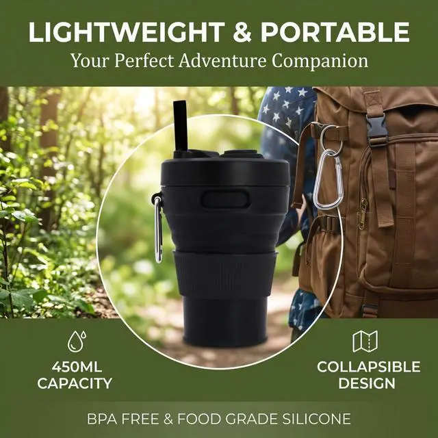 Alt view image 2 of 7 - Silicone Coffee Mug Collapsible Cups for Camping Folding Travel with Straw Reusable Portable Drinking Cups Outdoor Hiking 450ml (Black-450ml, 1)