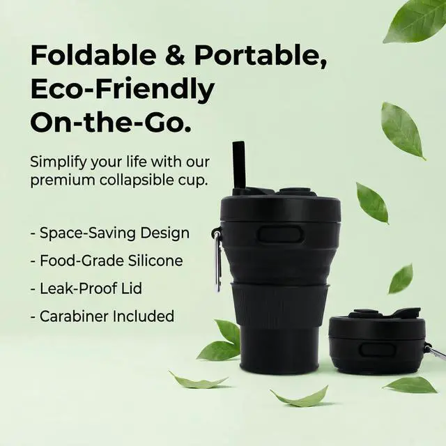 Alt view image 4 of 7 - Silicone Coffee Mug Collapsible Cups for Camping Folding Travel with Straw Reusable Portable Drinking Cups Outdoor Hiking 450ml (Black-450ml, 1)