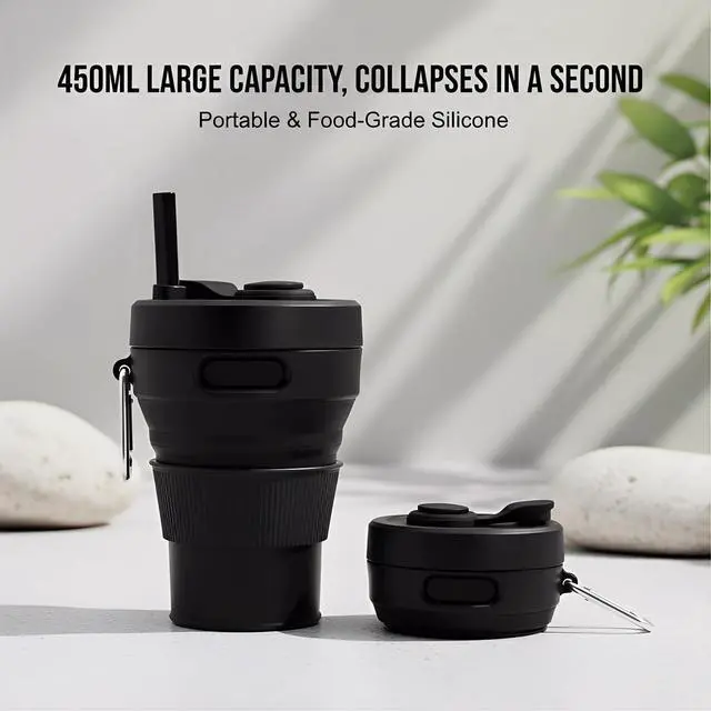 Alt view image 6 of 7 - Silicone Coffee Mug Collapsible Cups for Camping Folding Travel with Straw Reusable Portable Drinking Cups Outdoor Hiking 450ml (Black-450ml, 1)