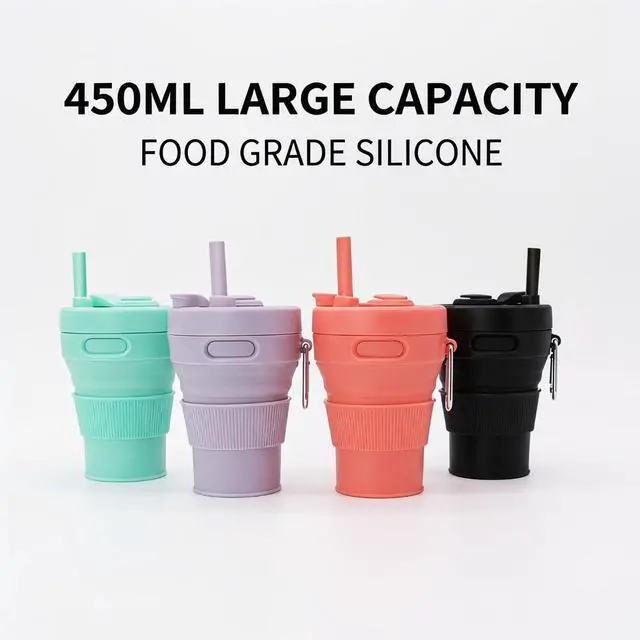 Alt view image 7 of 7 - Silicone Coffee Mug Collapsible Cups for Camping Folding Travel with Straw Reusable Portable Drinking Cups Outdoor Hiking 450ml (Black-450ml, 1)