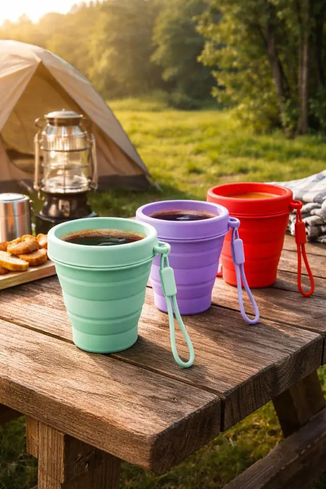 Alt view image 5 of 7 - Collapsible Travel Cup, Foldable Silicone Cup with Lid and Strap, 200ml Portable Reusable Drinking Cup for Camping, Hiking, Picnic, Outdoor Travel and Daily Use