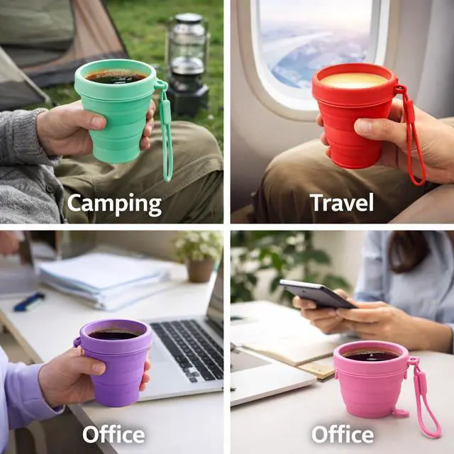 Alt view image 6 of 7 - Collapsible Travel Cup, Foldable Silicone Cup with Lid and Strap, 200ml Portable Reusable Drinking Cup for Camping, Hiking, Picnic, Outdoor Travel and Daily Use