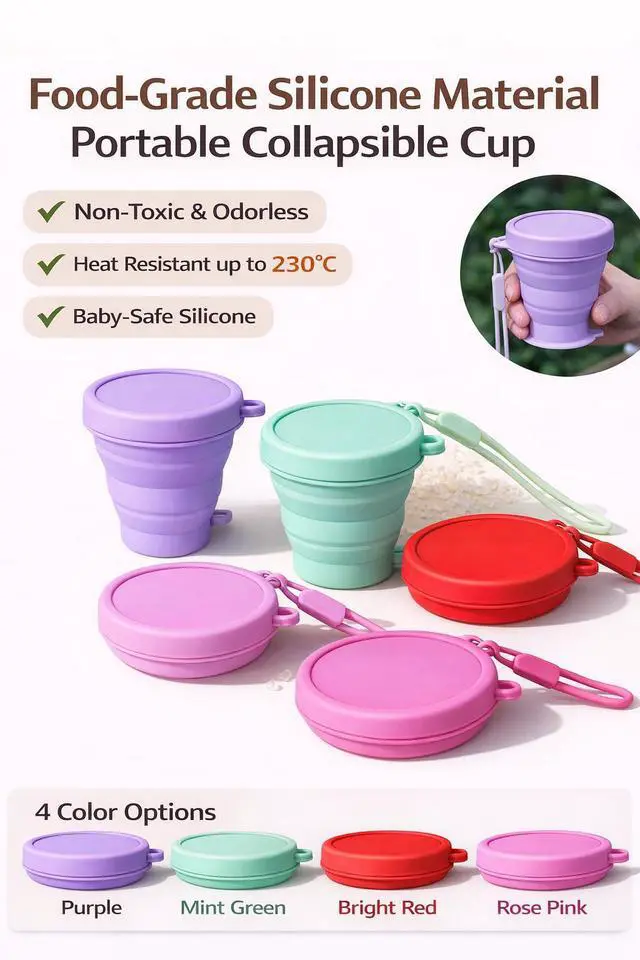 Alt view image 7 of 7 - Collapsible Travel Cup, Foldable Silicone Cup with Lid and Strap, 200ml Portable Reusable Drinking Cup for Camping, Hiking, Picnic, Outdoor Travel and Daily Use